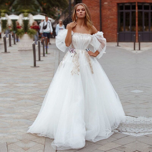 A-line Tulle Princess Off the Shoulder Wedding Dresses
