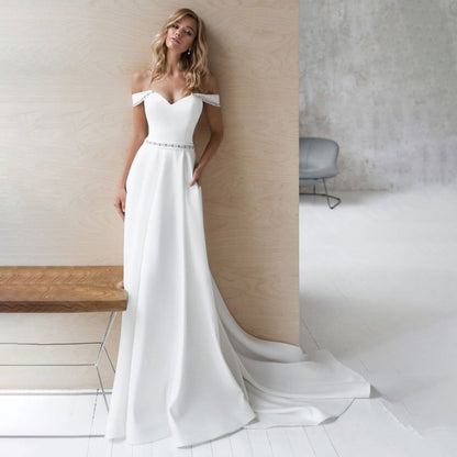A-line Off the Shoulder Beaded Wedding Dresses