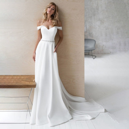 A-line Off the Shoulder Beaded Wedding Dresses