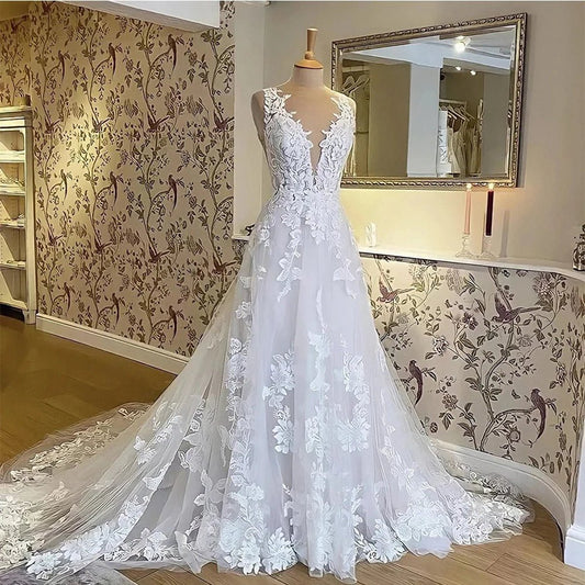 A-line Bohemian 3D Floral Backless Wedding Dresses