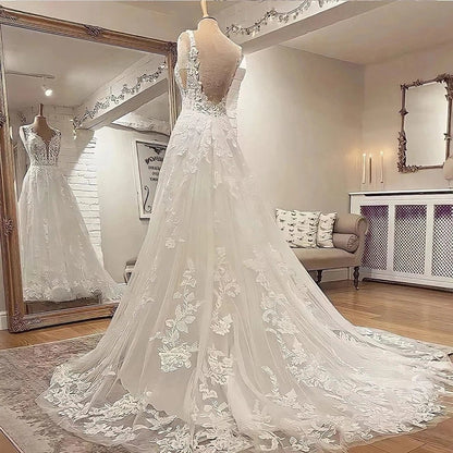 A-line Bohemian 3D Floral Backless Wedding Dresses