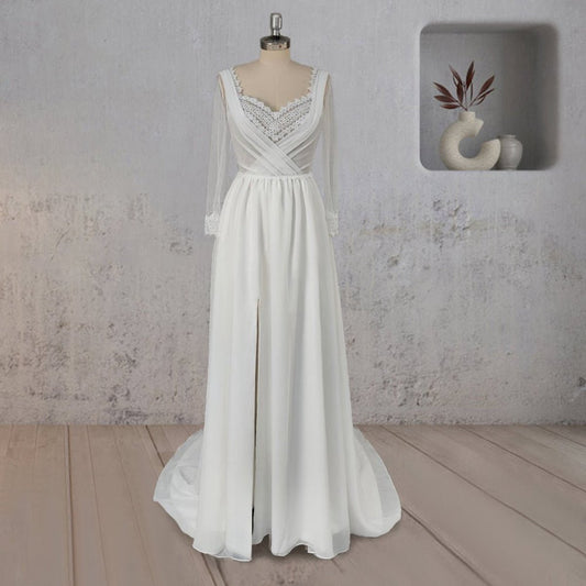 Mermaid Chiffon Long Sleeves Wedding Dresses with Slit