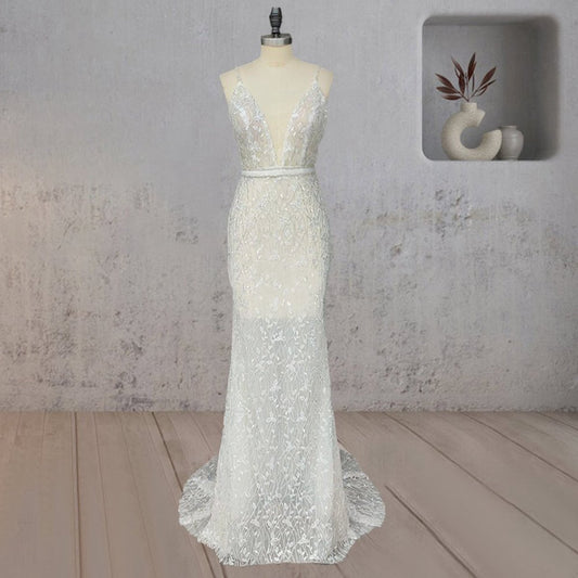 Mermaid Lace Deep V Wedding Dresses with Appliques