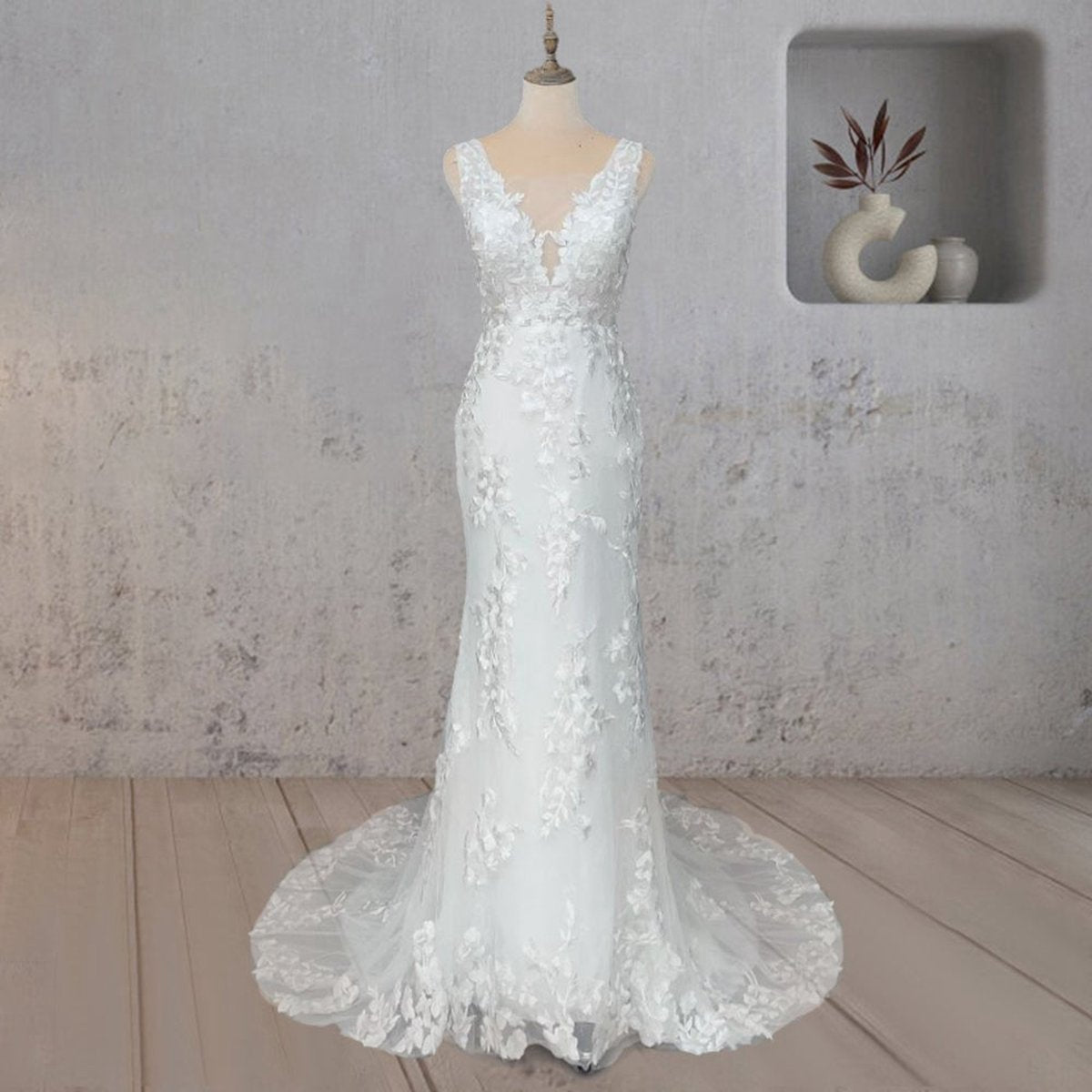 Mermaid Lace Illusion V Neck Sleeveless Backless Wedding Dresses