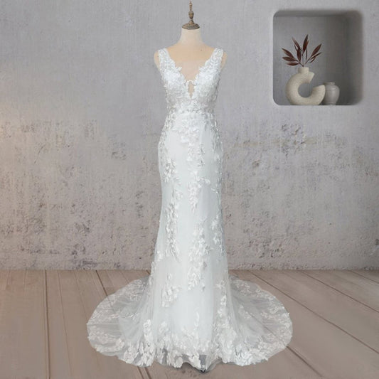 Mermaid Lace Illusion V Neck Sleeveless Backless Wedding Dresses