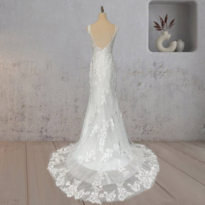 Mermaid Lace Illusion V Neck Sleeveless Backless Wedding Dresses