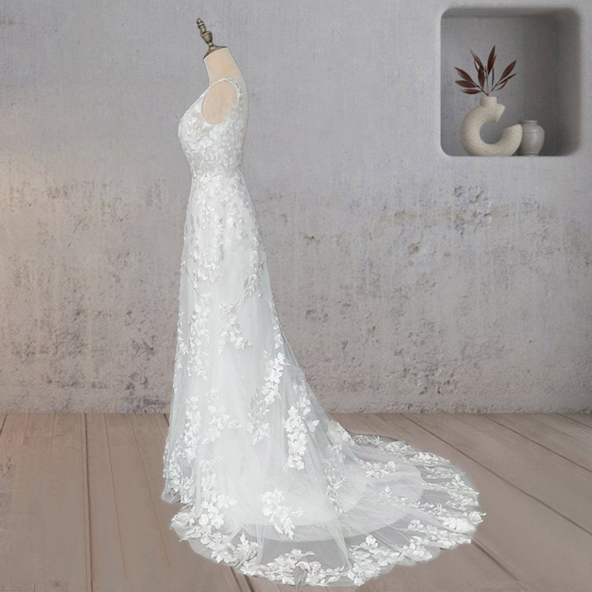 Mermaid Lace Illusion V Neck Sleeveless Backless Wedding Dresses