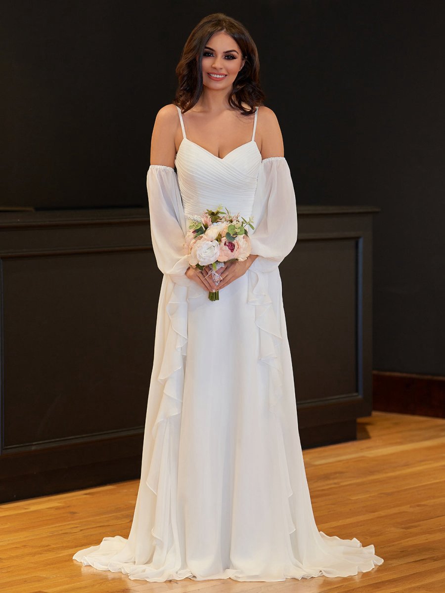 A-line Chiffon Detachable Puffy Sleeves Wedding Dresses