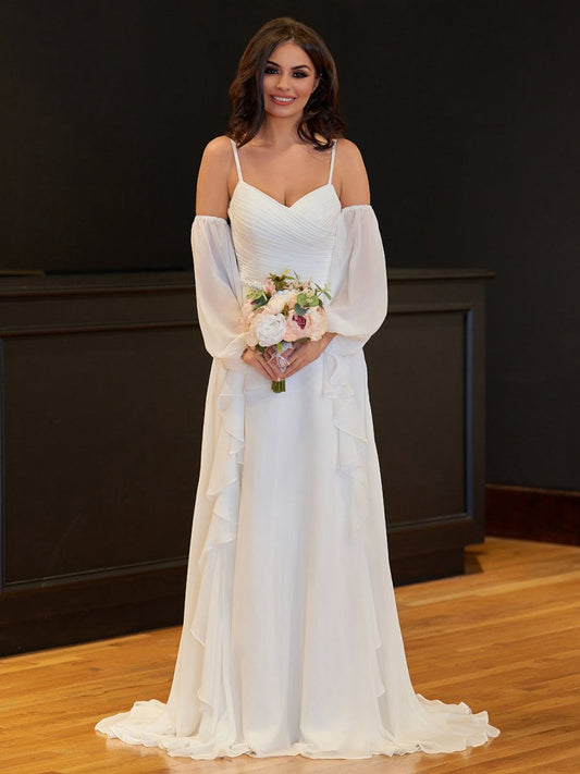 A-line Chiffon Detachable Puffy Sleeves Wedding Dresses