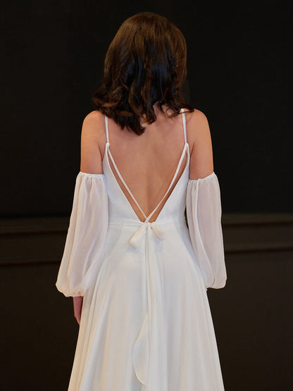 A-line Chiffon Detachable Puffy Sleeves Wedding Dresses