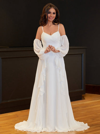 A-line Chiffon Detachable Puffy Sleeves Wedding Dresses