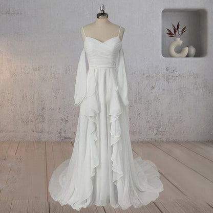 A-line Chiffon Detachable Puffy Sleeves Wedding Dresses