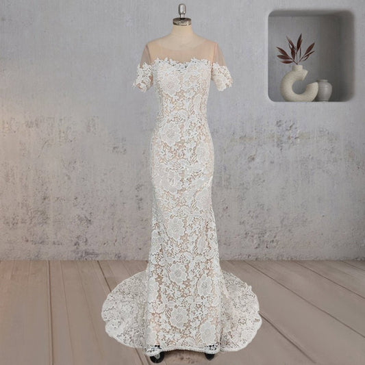 Mermaid Scoop Illusion Neck Floral Wedding Dresses