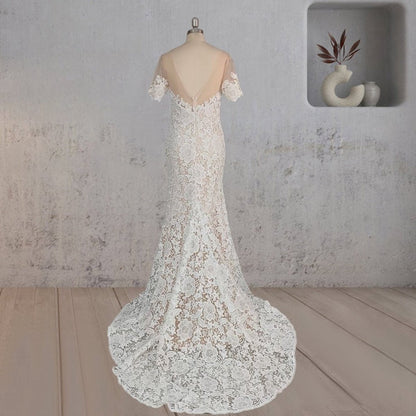 Mermaid Scoop Illusion Neck Floral Wedding Dresses