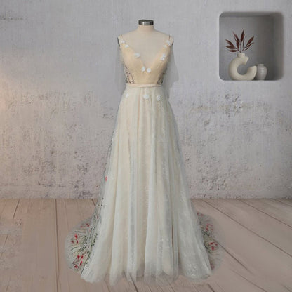 A-line V Neck Sleeveless Floral Enchantment Boho Wedding Dresses