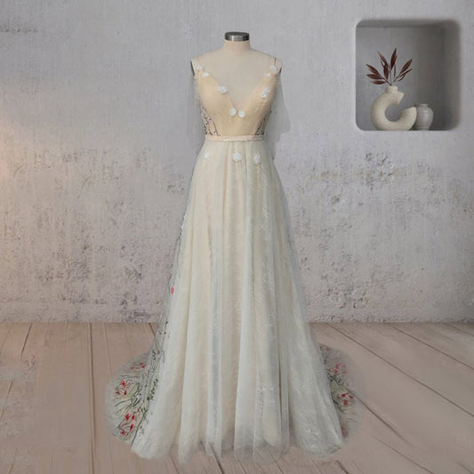 A-line V Neck Sleeveless Floral Enchantment Boho Wedding Dresses