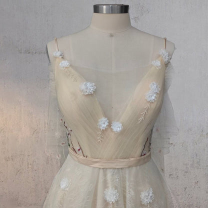 A-line V Neck Sleeveless Floral Enchantment Boho Wedding Dresses
