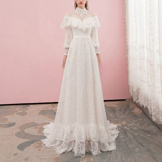 A-line Lace Appliques Illusion Neck Wedding Dresses