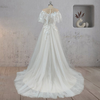 A-line Lace Button CoveBack Tulle Wedding Dresses