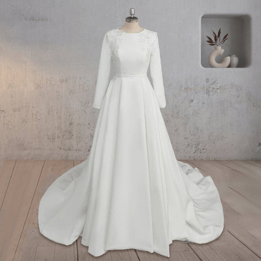 A-line Long Sleeves Appliqued Wedding Dresses with Train