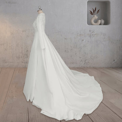 A-line Long Sleeves Appliqued Wedding Dresses with Train