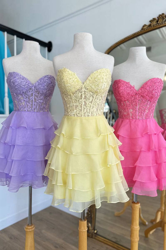 A-line Strapless Tie Corset Short Homecoming Dresses with Appliques