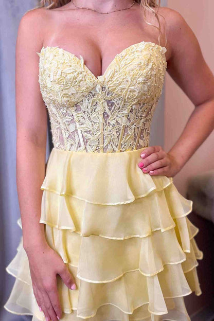 A-line Strapless Tie Corset Short Homecoming Dresses with Appliques