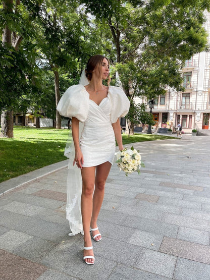 Sheath Puff Sleeves Short V-Neck Wedding Dresses