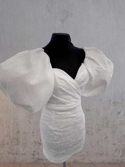 Sheath Puff Sleeves Short V-Neck Wedding Dresses
