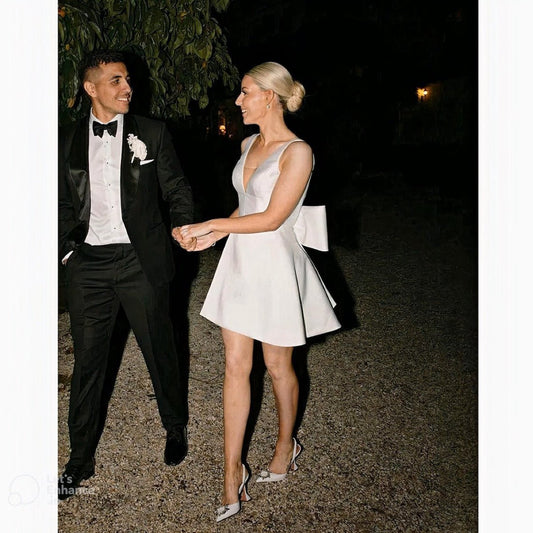 A-line Satin V-Neck Short Wedding Dresses with Bow