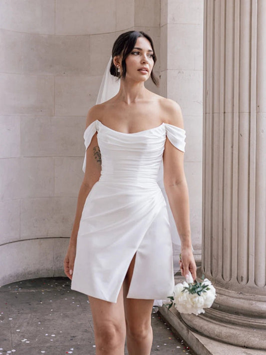 Off-the-Shoulder Short Satin Cowl Neck Simple Formal Wedding Dresses with Slit