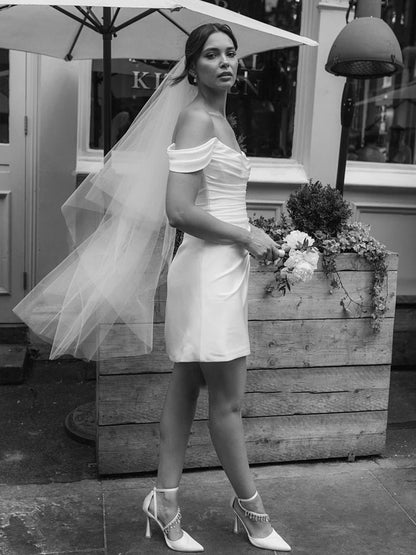 Off-the-Shoulder Short Satin Cowl Neck Simple Formal Wedding Dresses with Slit