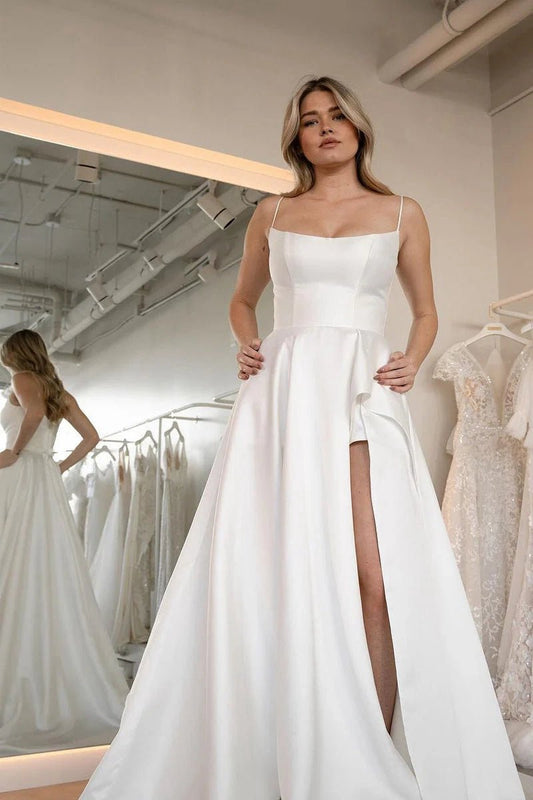 Simple A-line Scoop Neck Satin Wedding Dresses with Slit