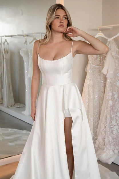 Simple A-line Scoop Neck Satin Wedding Dresses with Slit