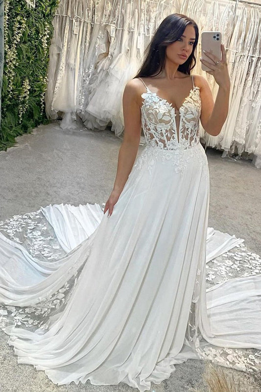 A-line V Neck Chiffon Boho Appliques Wedding Dresses