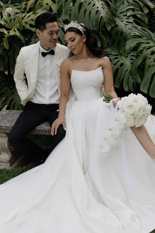 Elegant A-line Strapless Satin Wedding Dresses with Slit
