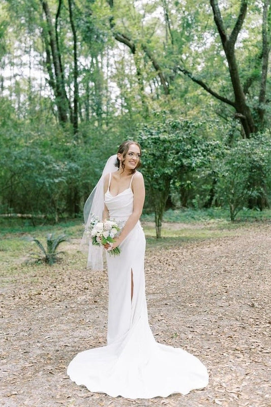 Charming Mermaid Cowl Neck Satin Wedding Dresses with Slit