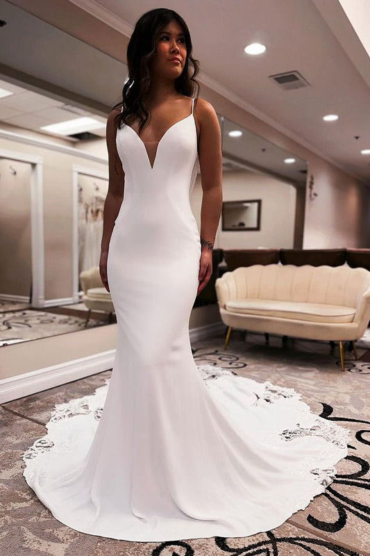 Unique Mermaid V Neck Satin Wedding Dresses with Appliques