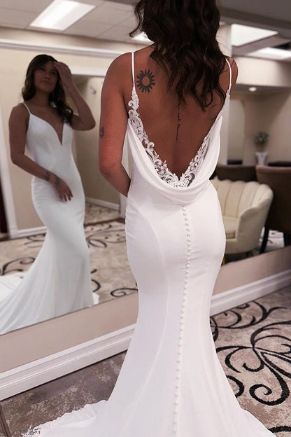 Unique Mermaid V Neck Satin Wedding Dresses with Appliques