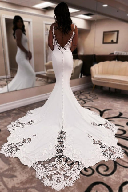Unique Mermaid V Neck Satin Wedding Dresses with Appliques