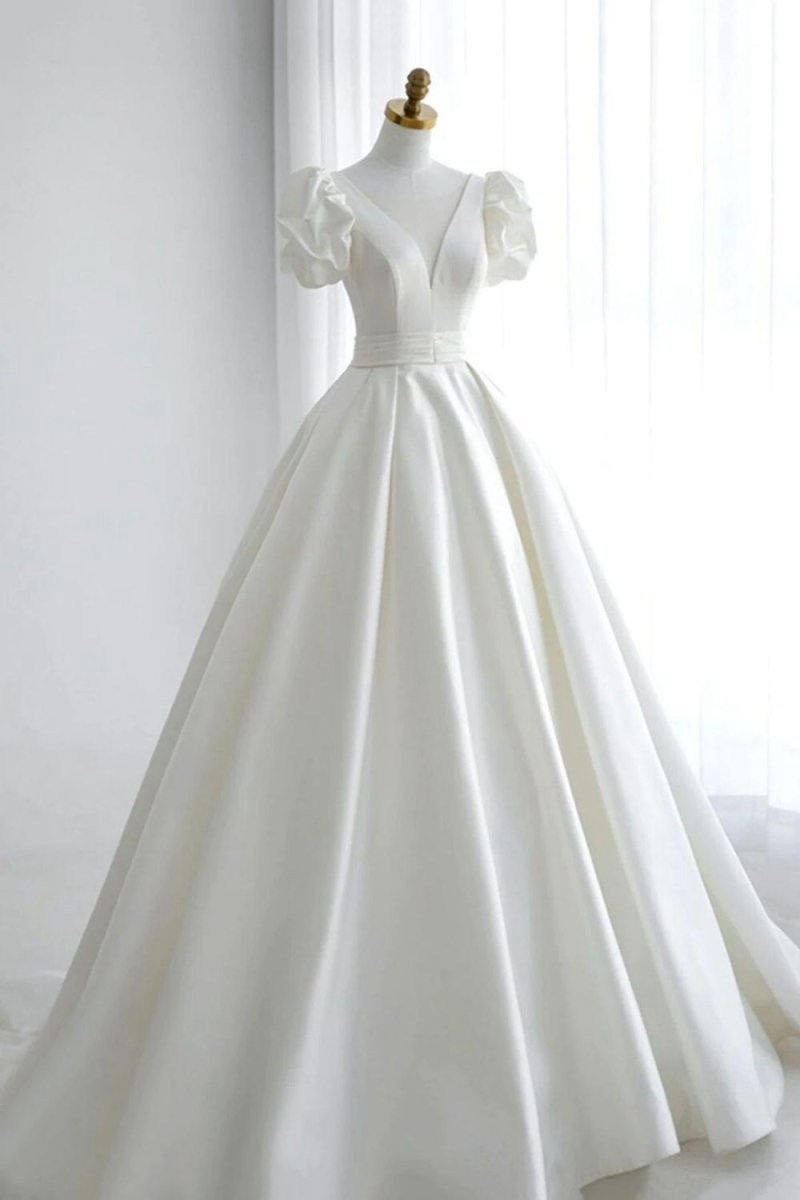 Elegant A-line V Neck Wedding Dresses with Short Sleeves