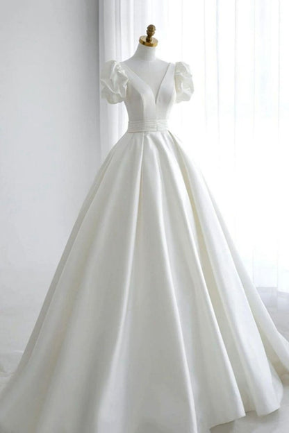 Elegant A-line V Neck Wedding Dresses with Short Sleeves