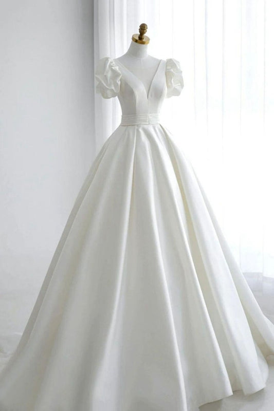 Elegant A-line V Neck Wedding Dresses with Short Sleeves