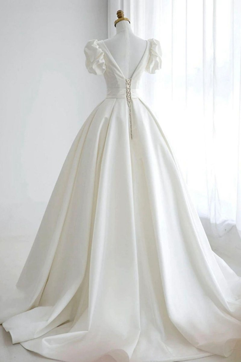 Elegant A-line V Neck Wedding Dresses with Short Sleeves
