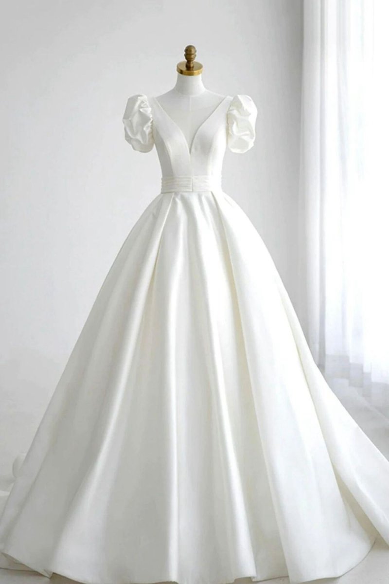 Elegant A-line V Neck Wedding Dresses with Short Sleeves
