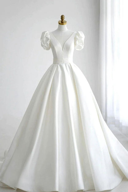 Elegant A-line V Neck Wedding Dresses with Short Sleeves