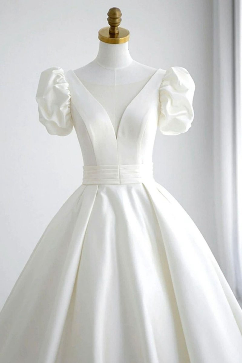 Elegant A-line V Neck Wedding Dresses with Short Sleeves