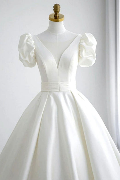 Elegant A-line V Neck Wedding Dresses with Short Sleeves