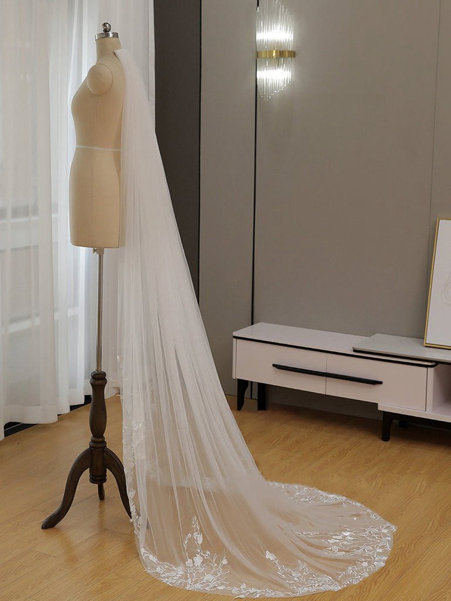 Simple Floral Lace Chapel Train Veil Bridal Veil Wedding Veil
