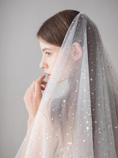 Shiny Bridal Veils with Gold Star Sparkly Wedding Veil